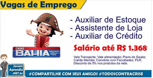 Vagas de Emprego Casas Bahia para Auxiliar de Estoque, Assistente de Loja, Auxiliar de Crédito